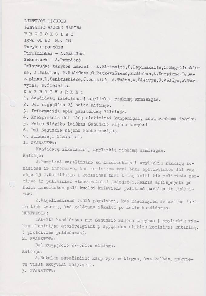 Lietuvos Sajūdžio Pasvalio rajono Tarybos 1992 m. rugpjūčio 20 d. posėdžio PROTOKOLAS Nr. 18